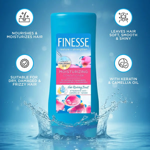 Blue bottle of Finesse moisturizing conditioner with hyaluronic acid, keratin, and camellia oil on water splash background