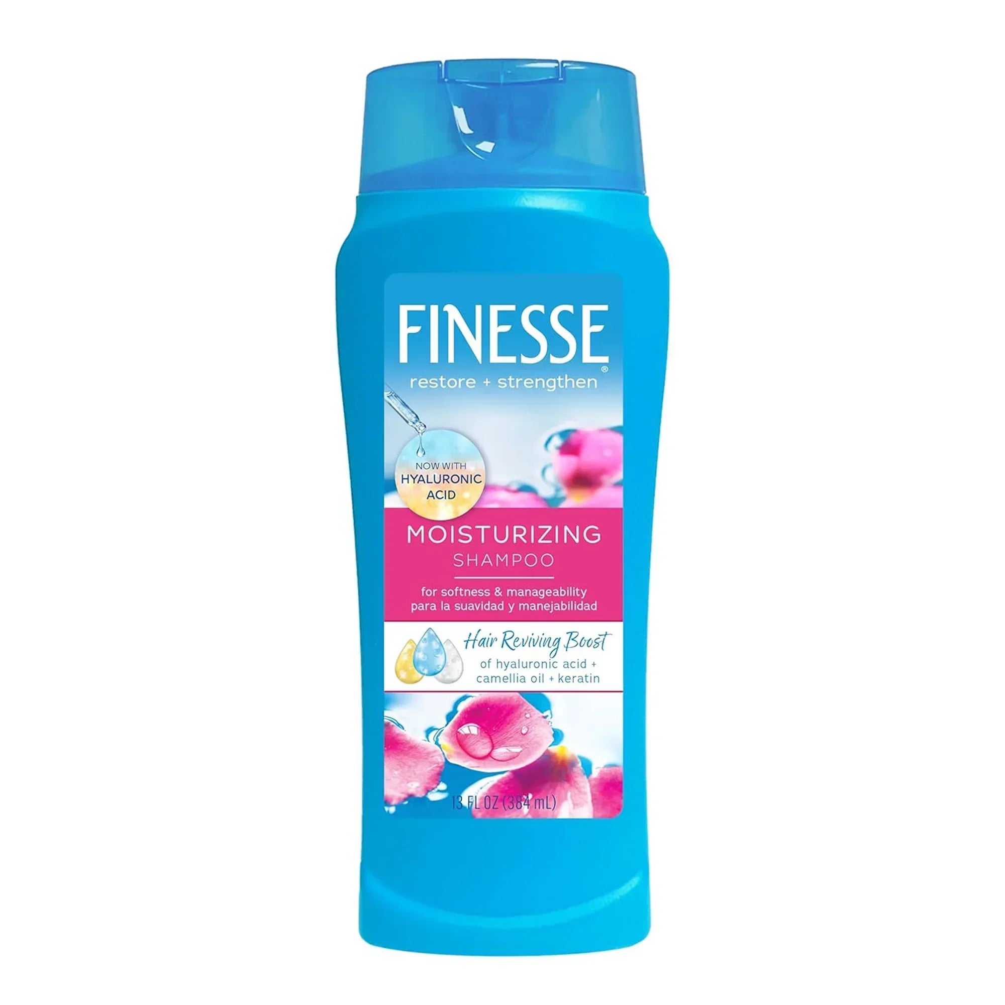 Finesse Moisturizing Shampoo bottle with hyaluronic acid and keratin for hair softness and manageability