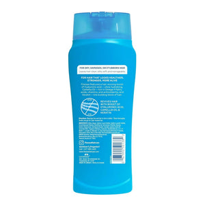 Back of blue Finesse Moisturizing Shampoo bottle detailing ingredients and hair benefits