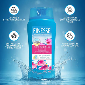 Finesse Moisturizing Shampoo bottle with hyaluronic acid, keratin, and camellia oil on water splash background
