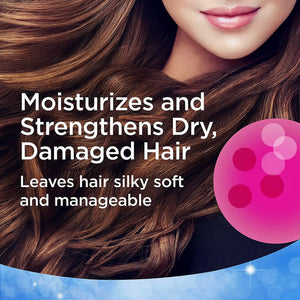 Close-up of long, silky brown hair with text: Moisturizes and strengthens dry, damaged hair, leaves hair silky soft and manageable