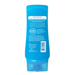 Back label of blue Finesse conditioner bottle with hair care benefits, ingredients, and contact info