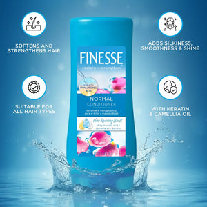 Finesse Normal Conditioner bottle with hyaluronic acid, keratin, and camellia oil on water splash background