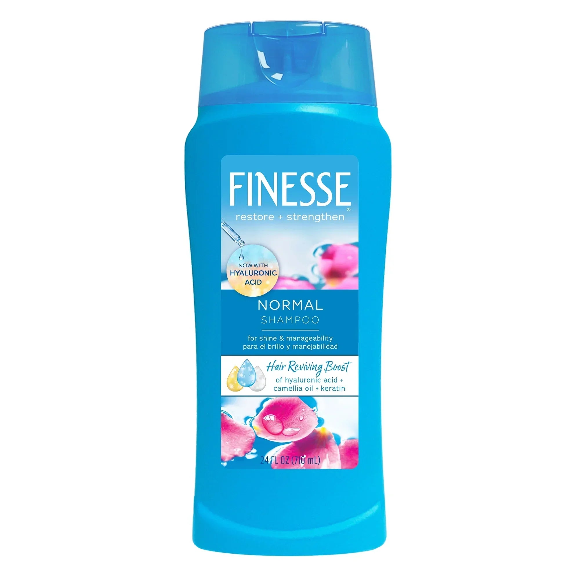 Blue bottle of Finesse Normal Shampoo with hyaluronic acid, camellia oil, and keratin for shine and manageability