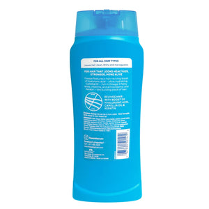 Back view of Finesse Normal Shampoo bottle with product details and branding on blue packaging.