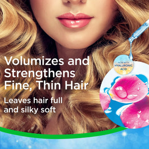 Close-up of woman with voluminous blonde hair and glossy lips, promoting hair volumizing and strengthening conditioner with hyaluronic acid