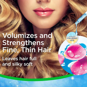 Woman with voluminous, silky blonde hair, Finesse Volumize Shampoo benefits highlighted, hyaluronic acid graphic, Sunbeam Merchantile Ventures FMCG product featured.