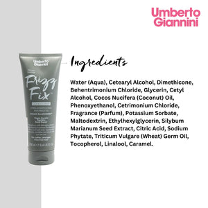 Umberto Giannini Frizz Fix conditioner tube with ingredients list on white background for frizz control and hair repair