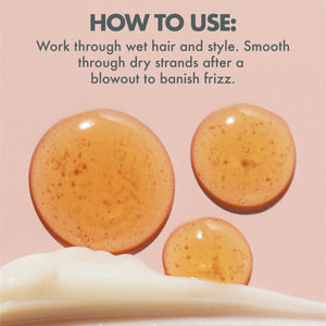 How to use instructions for anti-frizz hair product with close-up of golden oil droplets and creamy texture
