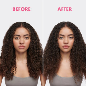 Before and after comparison showing a woman with curly hair appearing smoother and shinier after hair treatment