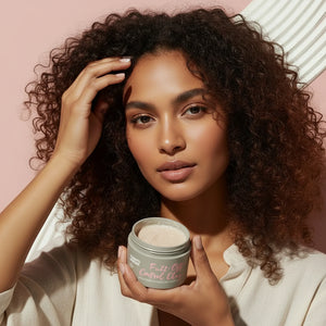 Woman with curly hair holding a jar of Fuzz-Off Control Clay hair product against a blush pink background