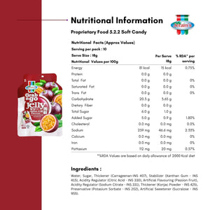 Nutritional information and ingredients of Jeram's Grab n Go passion fruit jelly soft candy pack