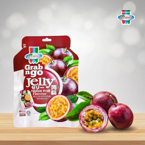 Jeram's Grab n Go Jelly passion fruit flavour pack with fresh passion fruits on wooden surface