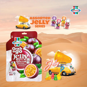 Jeram's Grab n Go Passion Fruit Jelly pack with assorted jelly series bottles and jelly car in desert background