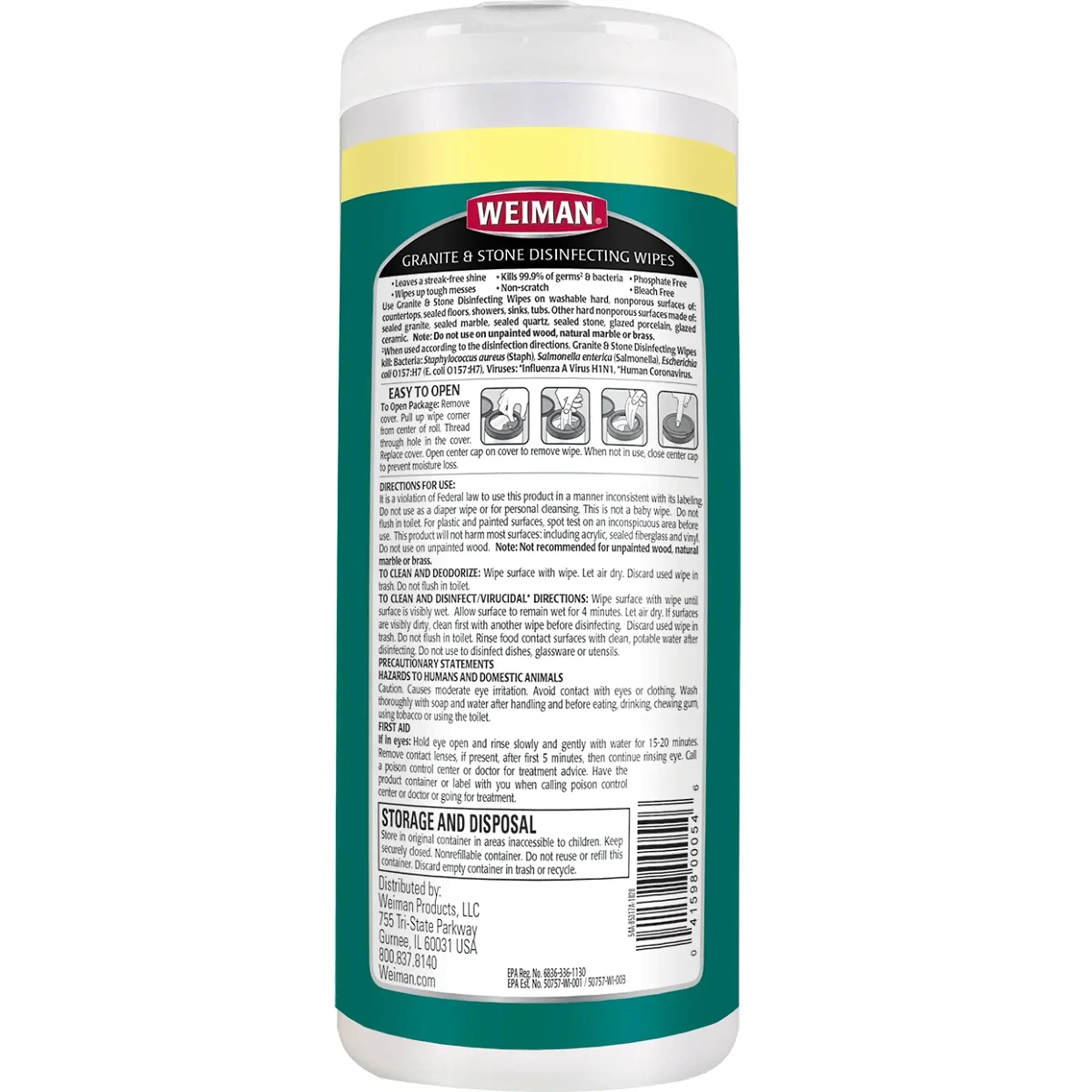 Weiman Granite & Stone Disinfecting Wipes for kitchen countertops, sinks, and sealed stone surfaces, phosphate-free, non-scratch.