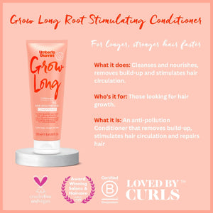 Umberto Giannini Grow Long Root Stimulating Hair Lengthening Conditioner tube on stand, cruelty-free vegan anti-pollution formula for hair growth