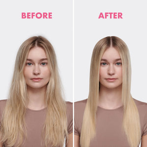 Before and after comparison of a woman showing frizzy hair transformed into smooth, straight blonde hair with hair treatment