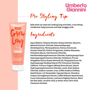Umberto Giannini Grow Long Hair Lengthening Conditioner tube with pro styling tip and ingredient list on pink and white background