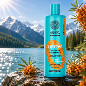 Oblepikha Siberica Grow Oblepikha Shampoo for thick and strong hair care.