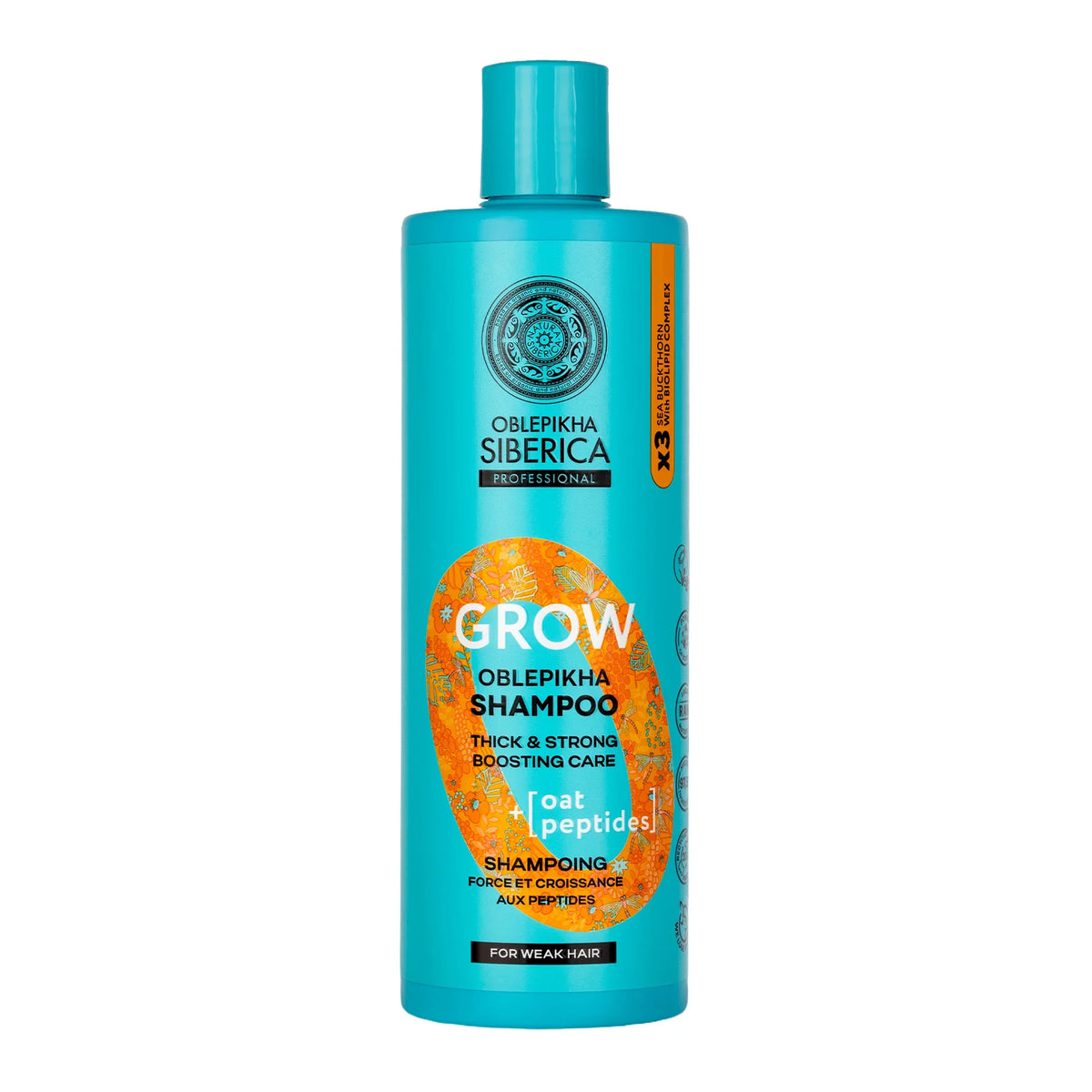 Oblepikha Siberica Grow Shampoo with peptides for thick and strong weak hair care.