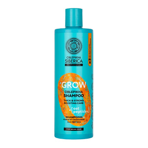 Oblepikha Siberica Grow Shampoo with peptides for thick and strong weak hair care.