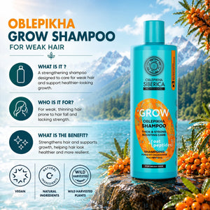 Oblepikha Grow Shampoo for weak and thinning hair with natural vegan ingredients.