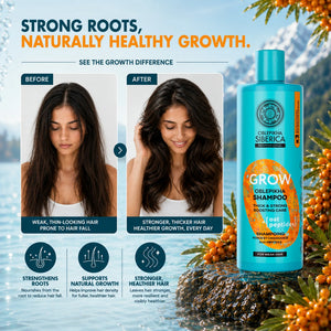 Before and after comparison of hair growth using Grow Oblepikha Shampoo for thicker hair.