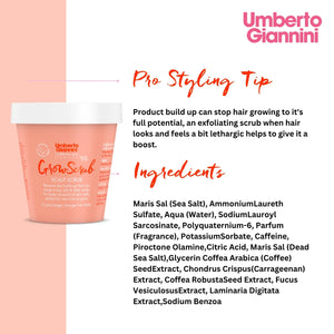 Umberto Giannini GrowScrub Scalp Scrub container on peach background with pro styling tip and detailed ingredients list
