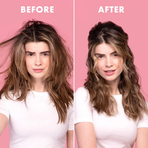 Before and after comparison of a woman with frizzy hair transformed to smooth, styled hair on pink background