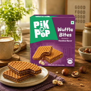 Pik n Pop Hazelnut Waffle Bites – whole wheat sandwich waffles with chocolate hazelnut filling, served with coffee
