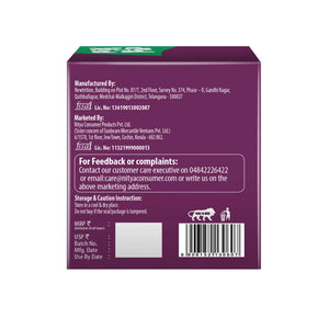 Back of purple product box showing manufacturing details, FSSAI license, customer care info, storage instructions, and 'Made in India' mark.