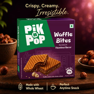 Pik n Pop Waffle Bites, hazelnut flavor sandwich cookies made with whole wheat, perfect anytime snack