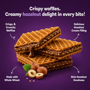 Crispy waffles with creamy hazelnut cream filling, made with whole wheat, rich hazelnut goodness