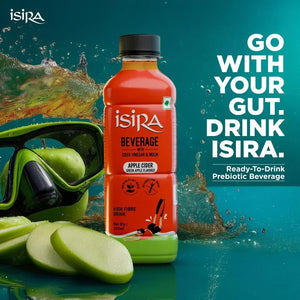 Isira apple cider vinegar beverage with green apple flavor, fresh apple slices, and diving mask in splash