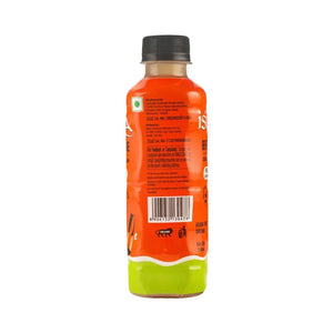 Back view of Isira brand apple cider bottle with orange and green label and black cap