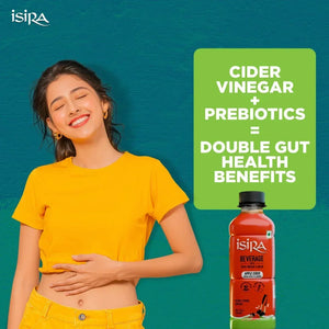 Smiling woman in yellow shirt holding stomach by Isira apple cider vinegar beverage with gut health benefits text