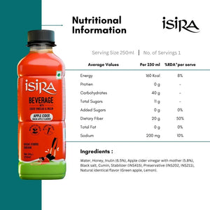Isira Apple Cider Green Apple flavored beverage bottle with nutritional information and ingredients list