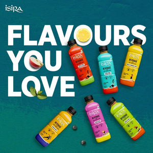 Six colorful Isira beverage bottles on blue background with text flavors you love and fresh fruit slices