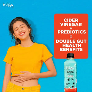 Smiling woman in yellow shirt holding stomach next to Isira apple cider vinegar prebiotics drink on blue background