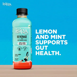 Isira apple cider lemon mint beverage bottle with cider vinegar and inulin on blue background