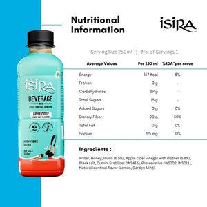 Isira Apple Cider Lemon Mint flavored beverage bottle with nutritional facts and ingredients list