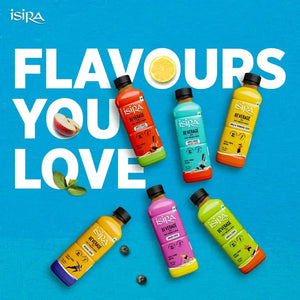 Colorful Isira apple cider beverage bottles on blue background with lemon, apple, mint, and berries