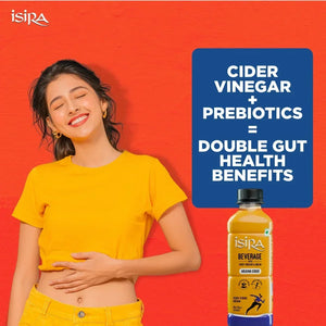 Smiling woman in yellow outfit with hand on stomach beside Isira cider vinegar prebiotic drink bottle and gut health benefits text
