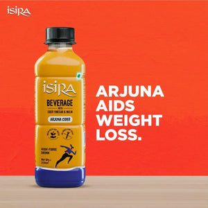 Isira Arjuna Cider beverage bottle with cider vinegar and inulin on wooden surface with orange background
