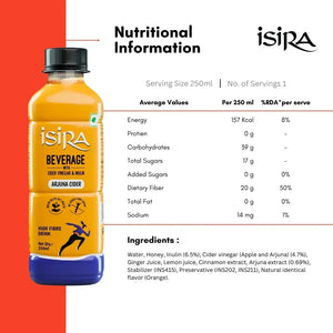 Isira Arjuna cider beverage bottle with nutritional information and ingredients, high fiber drink, 250ml