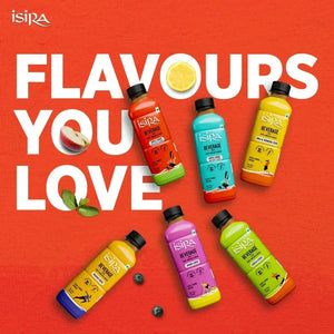 Six colorful Isira apple cider vinegar beverage bottles with fruit accents on orange background and 'Flavours You Love' text