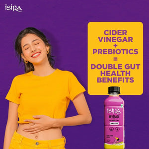 Smiling woman in yellow shirt and pants showing stomach, purple background, Isira Jamun Cider bottle, gut health benefits text