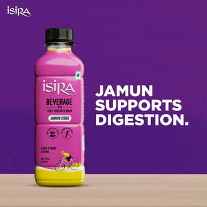Isira Jamun Cider beverage bottle on wooden table with purple background and text 'Jamun supports digestion'