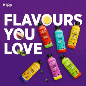 Isira flavored high fiber beverage bottles on purple background with apple, lemon, mint, and blueberries