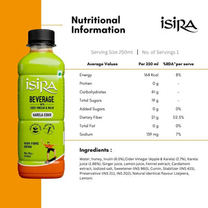 Isira Karela Cider beverage bottle with nutritional information and ingredients list highlighting high fiber, zero added sugar